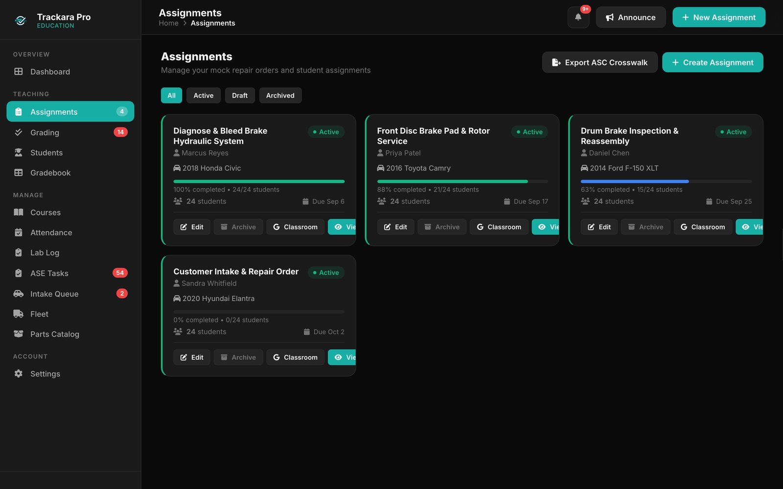 Assignments list: four brake system repair orders