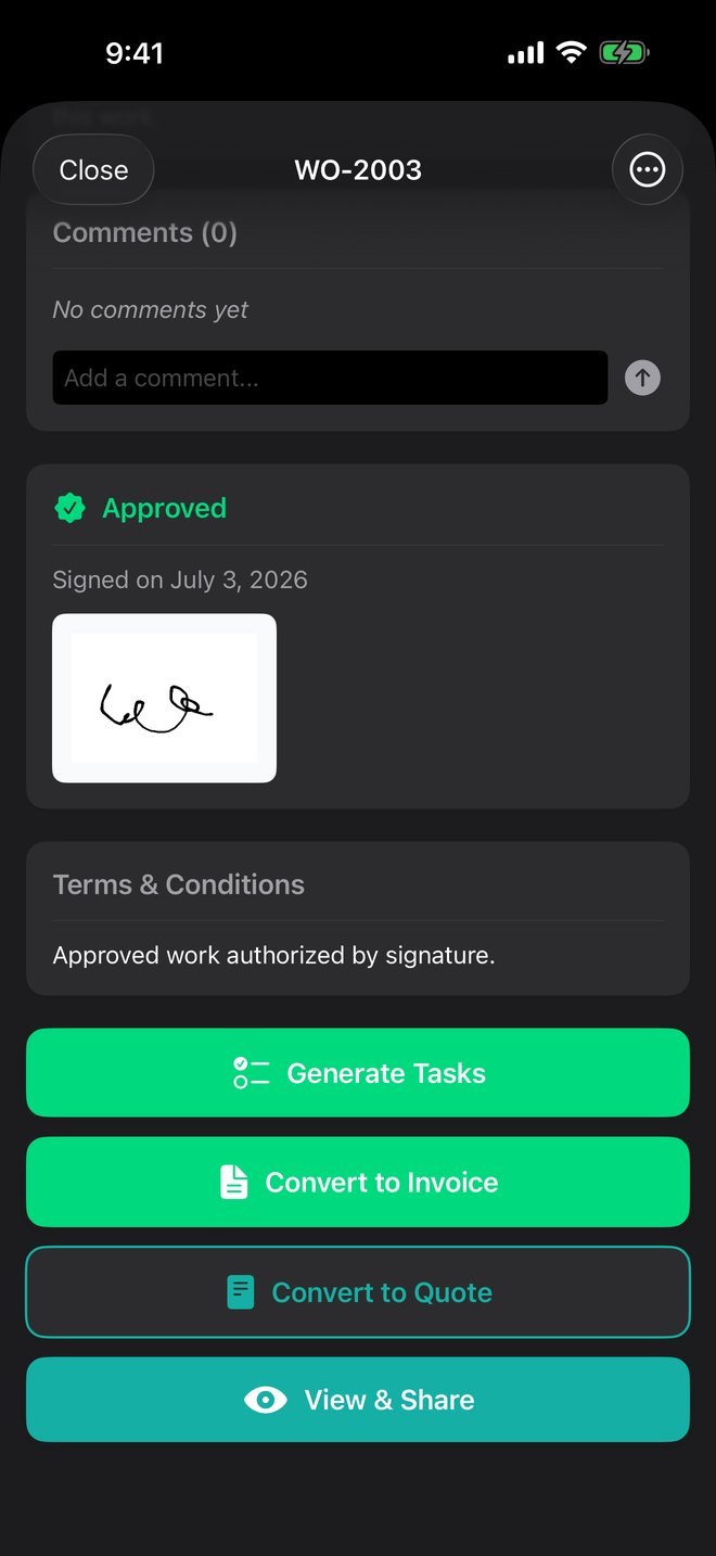 Trackara Pro app: a work order approved with the customer's drawn signature, and buttons to generate tasks or convert it to an invoice or quote
