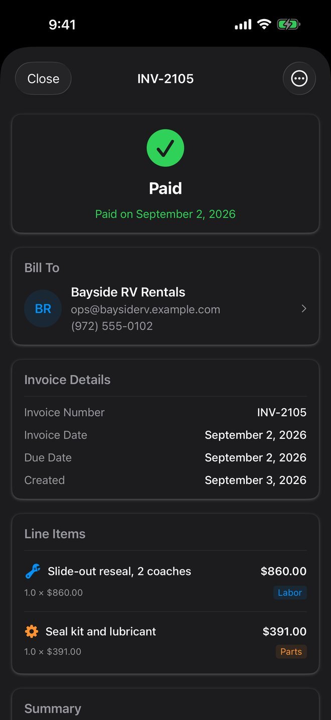 Trackara Pro app: paid invoice INV-2105 with the bill-to details and line items